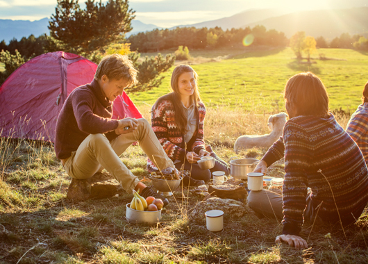 Group of young adults camping on a hillside