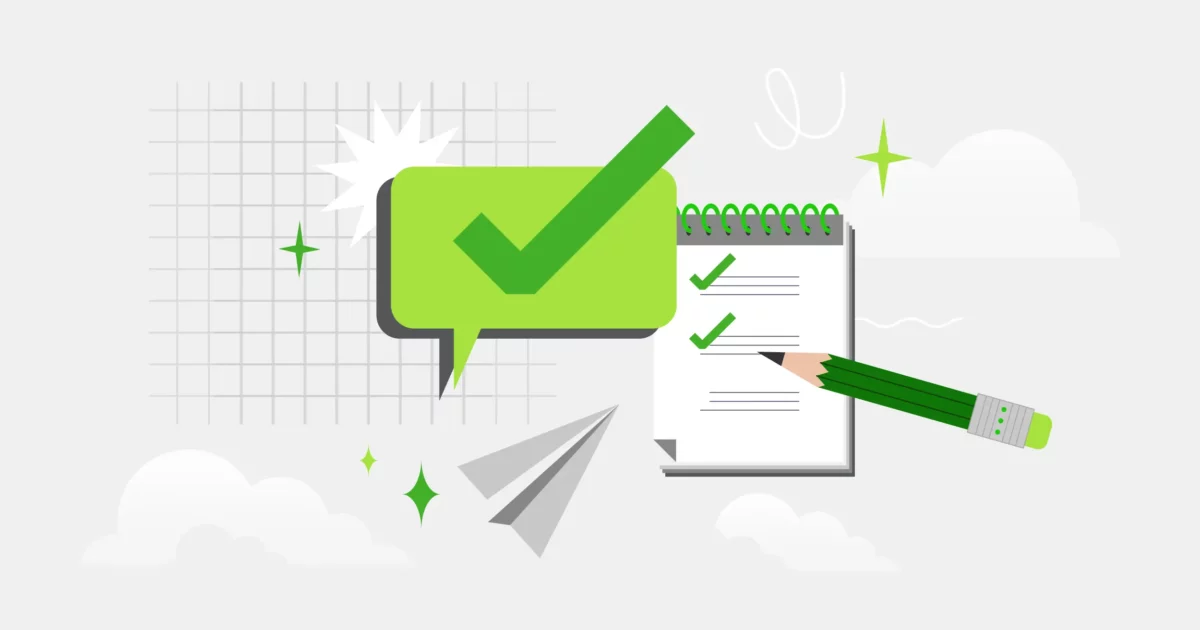 A green checkbox, notepad, and abstract application materials.