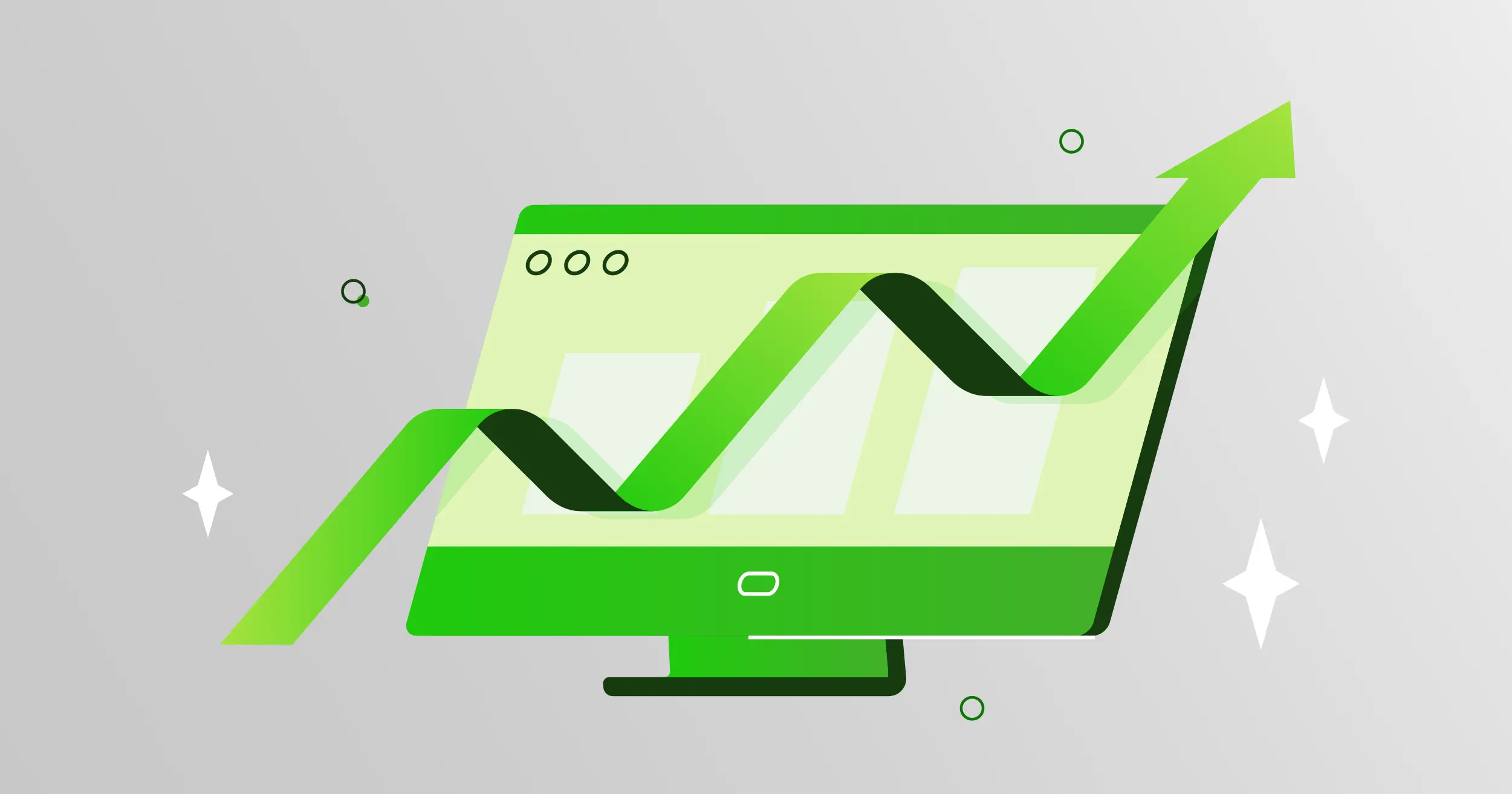 Un ordenador verde con una flecha verde saliendo de la pantalla, que simboliza una cuenta de cheques analizada de negocio.