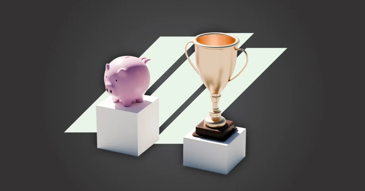 A piggy bank and trophy.