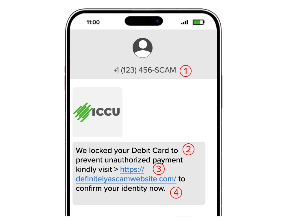 Smartphone screen showing a phishing scam text message impersonating ICCU, warning about a locked debit card and urging users to click a fraudulent link.