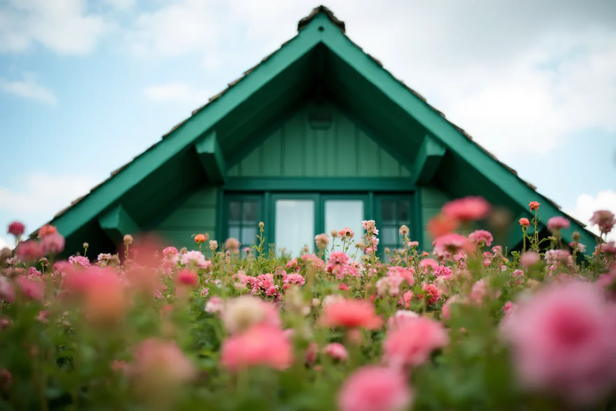 A green house with pink flowers.