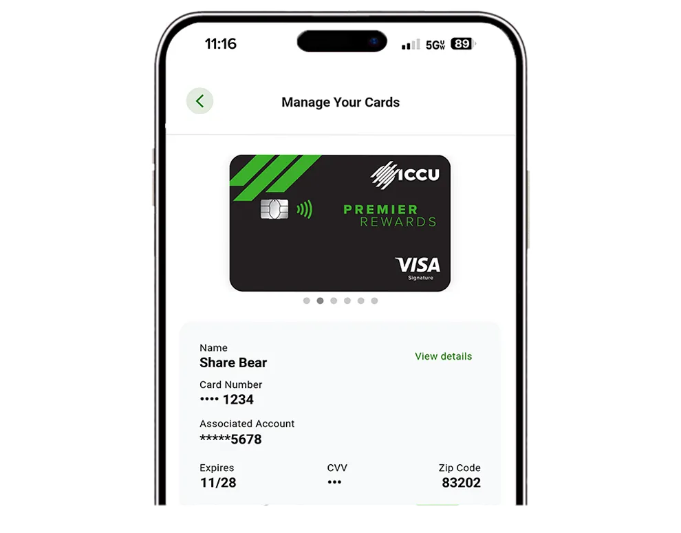 ICCU mobile app screen displaying card controls and card details for a Visa Premier Rewards credit card