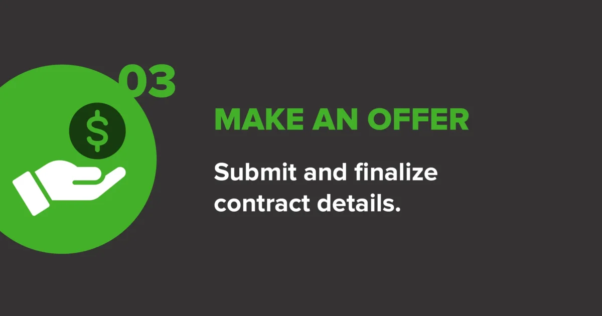 Graphic showing step three of the homebuying journey, making an offer by submitting and finalizing contract details