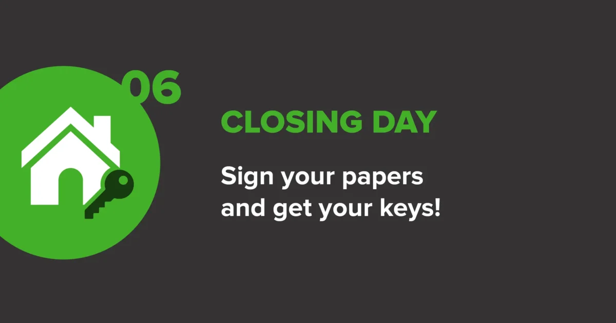 Graphic showing step six of the homebuying journey, closing day, where final documents are signed and keys are received