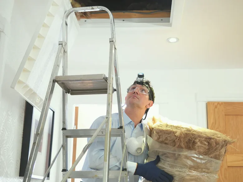 Homeowner adding insulation in an attic to increase energy efficiency and lower energy costs