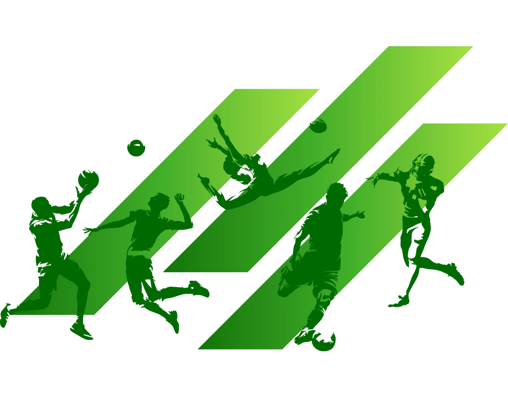 A graphic of the ICCU stripes with vector shapes of different athletes in action.