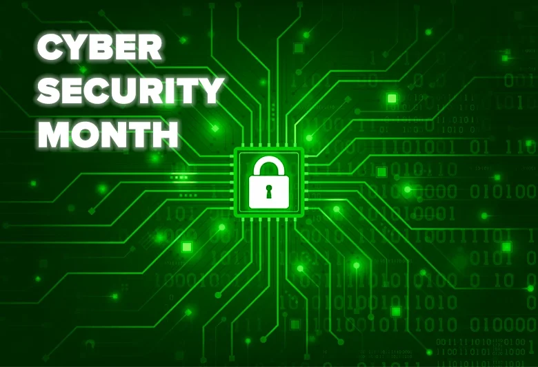 Cybersecurity Month graphic with a digital padlock and green circuit board design